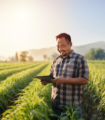 Fototapeta premium Research or agriculture man on tablet on farm for sustainability, production or industry growth analysis. happy or farmer on countryside field for weather, checklist or data search in asian