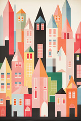 Poster of multicolored houses. Illustration with colorful buildings, stylized cityscape.