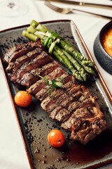 Delicious plate of Churrasco Steak, featuring with fresh asparagus and ripe tomatoes