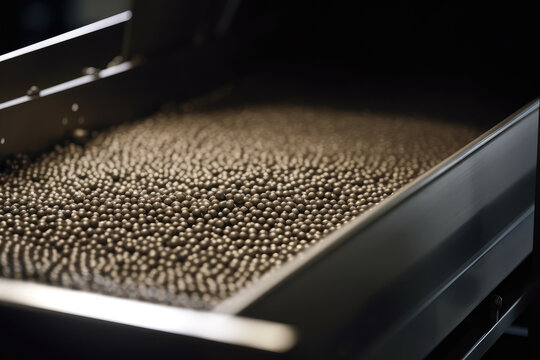 Close-up of industrial hopper with metal pellets flowing through it, creating a dynamic pattern of movement and sound