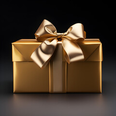 Gift box on black background. Elegant dark present box with golden bow, copy space. Background for greeting card for Birthday, Fathers Day, Christmas. Generative ai