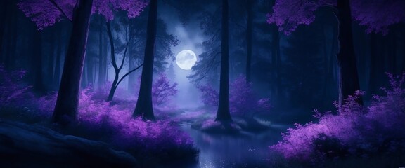 Moonlit Mystique: Wallpaper of a Mysterious Forest Illuminated by the Moon, Silhouetted Trees, Blue Sky, and Pink-Leaved Trees