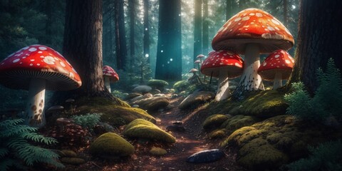 Naklejka premium Enchanted Mushroom Grove: Wallpaper of Silhouetted Pine Trees, a Blue Illuminated Background, and a Cluster of Magical Forest Mushrooms