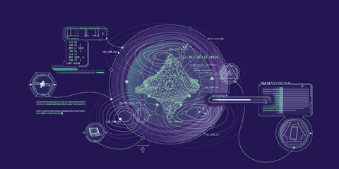 Futuristic geoscience HUD interface design with data decoding.