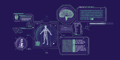 Futuristic brain research program interface with data decoding.