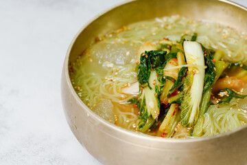 Yeolmunaengmyeon, korean style Buckwheat Noodles with YoungSummer Radish Kimchi, This dish features cold noodles in kimchi soup that is made by mixing salted young radish 