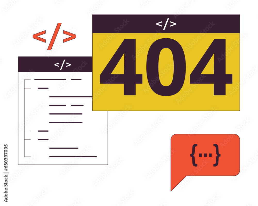 Poster web pages, code and error 404 flash message. empty state ui design. page not found popup cartoon ima