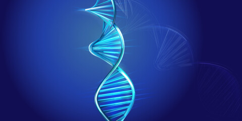 DNA spiral model on a blue background.