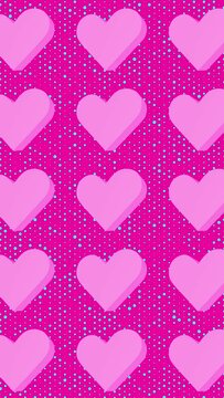 Trendy animated background with blinking dots and a grid of elegant 3D rotating pink hearts on a pink background - seamless loop VERTICAL