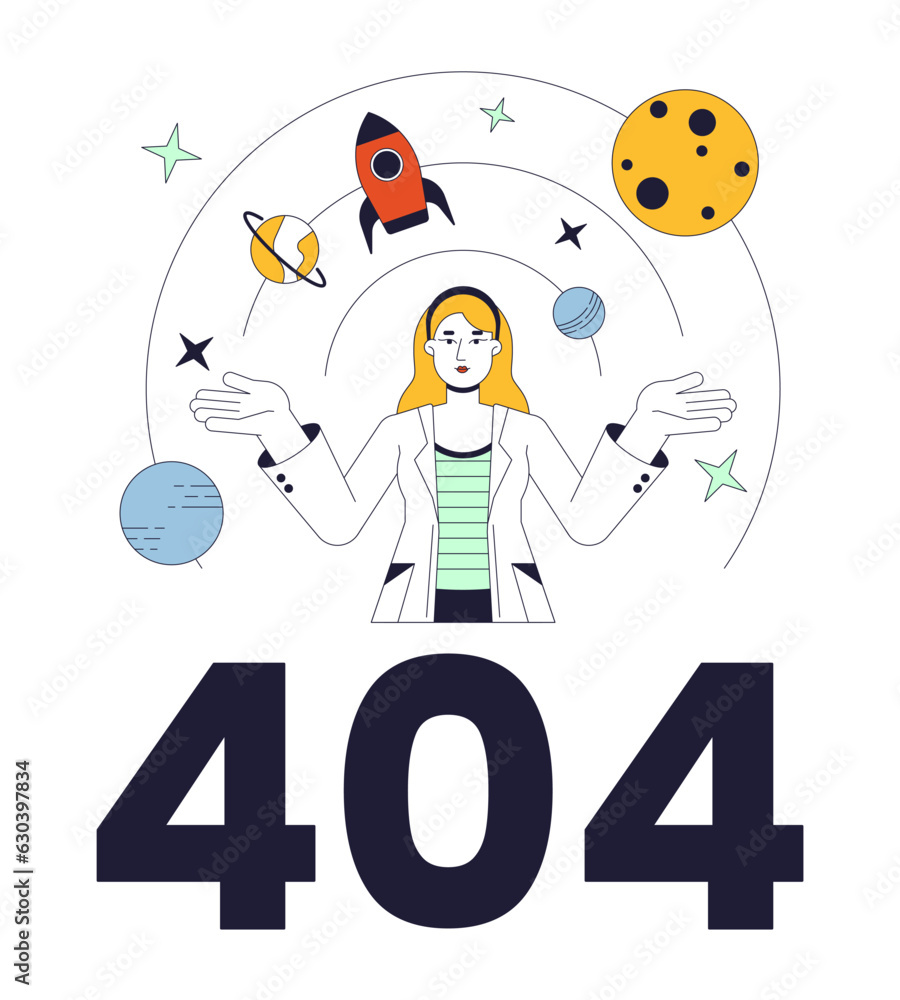 Aufkleber female scientist explore galaxy error 404 flash message. aerospace engineering. empty state ui desig