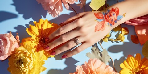 Summer time and flowers on a female hand with bright petals.