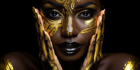 Beauty woman black skin color body art, gold makeup lips eyelids, fingertips nails in gold color...