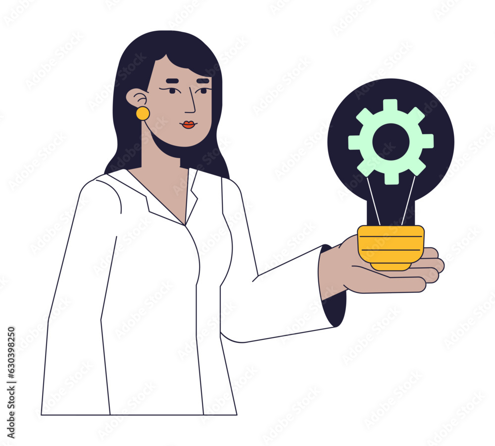 Poster female engineer flat line concept vector spot illustration. indian woman create mechanism inside lig