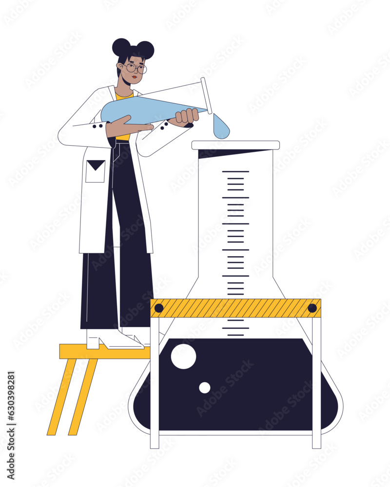 Aufkleber chemistry experiment flat line concept vector spot illustration. female scientist pour liquid into f