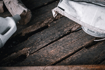 Old wood texture background surface with old natural pattern or old wood texture table top view. Grain surface with wood texture background. Rustic table top view with old wood texture background.
