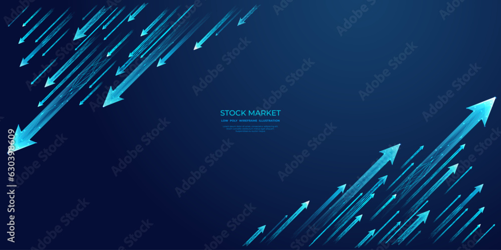 Aufkleber Digital arrows in neon light against a dark. Modern Abstract Background with copy space in the center. Stock market and investment web banner. Low poly wireframe vector illustration. 
