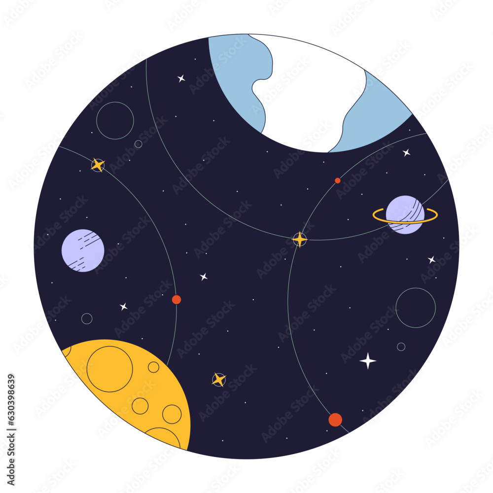 Poster space flat line concept vector spot illustration. universe with planets and stars 2d cartoon outline
