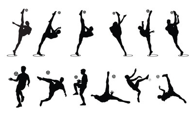 Vector set of silhouettes of male sepak takraw players. sepak takraw player and football sport logo design icon vector illustration People playing traditional Asian sport Sepak Takraw.