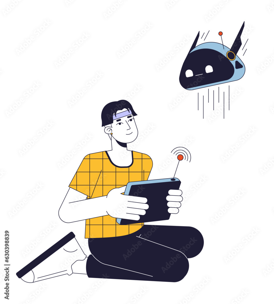 Poster male engineer control chatbot flat line concept vector spot illustration. artificial intelligence te