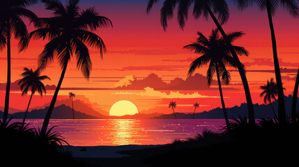 Fototapeta na wymiar coconut trees silhouette sunset on the beach
