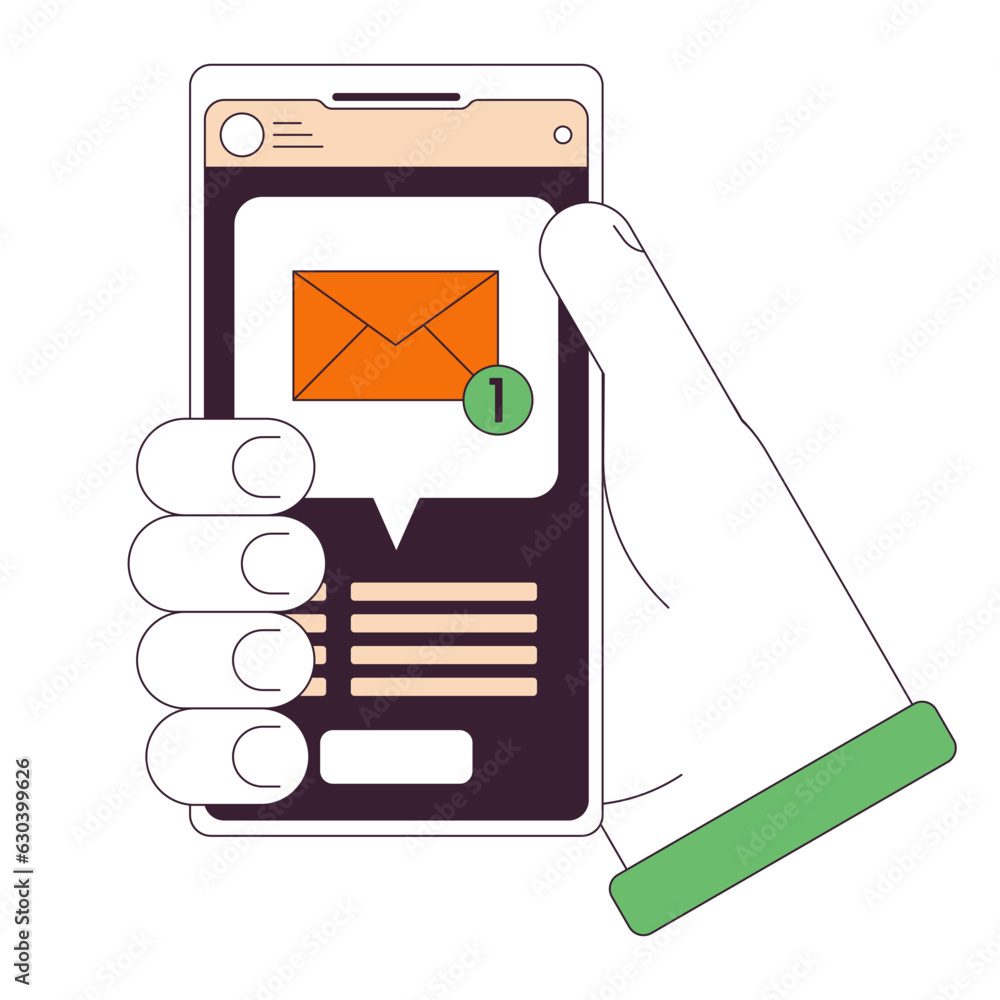 Poster holding smartphone with new message flat line concept vector spot illustration. email notification 2