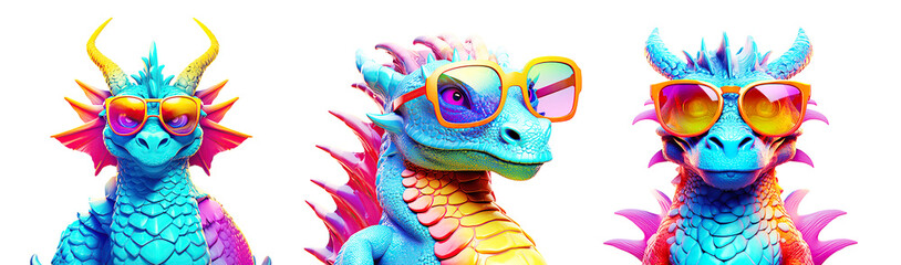 Cartoon dragon in sunglasses set. Fairytale monsters. 2024 is the year of the dragon