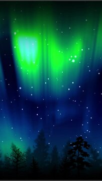 Aurora borealis animated looping background with a forest - VERTICAL