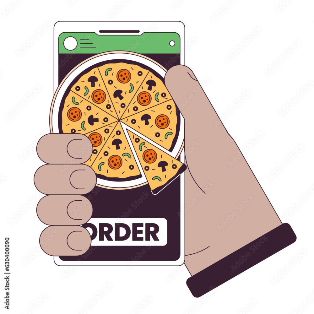 Aufkleber ordering pizza by smartphone flat line concept vector spot illustration. hand holding phone. food or