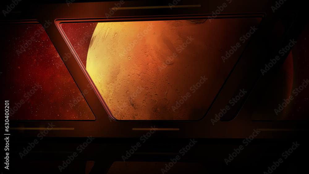 Poster mars planet from the window of a space station.