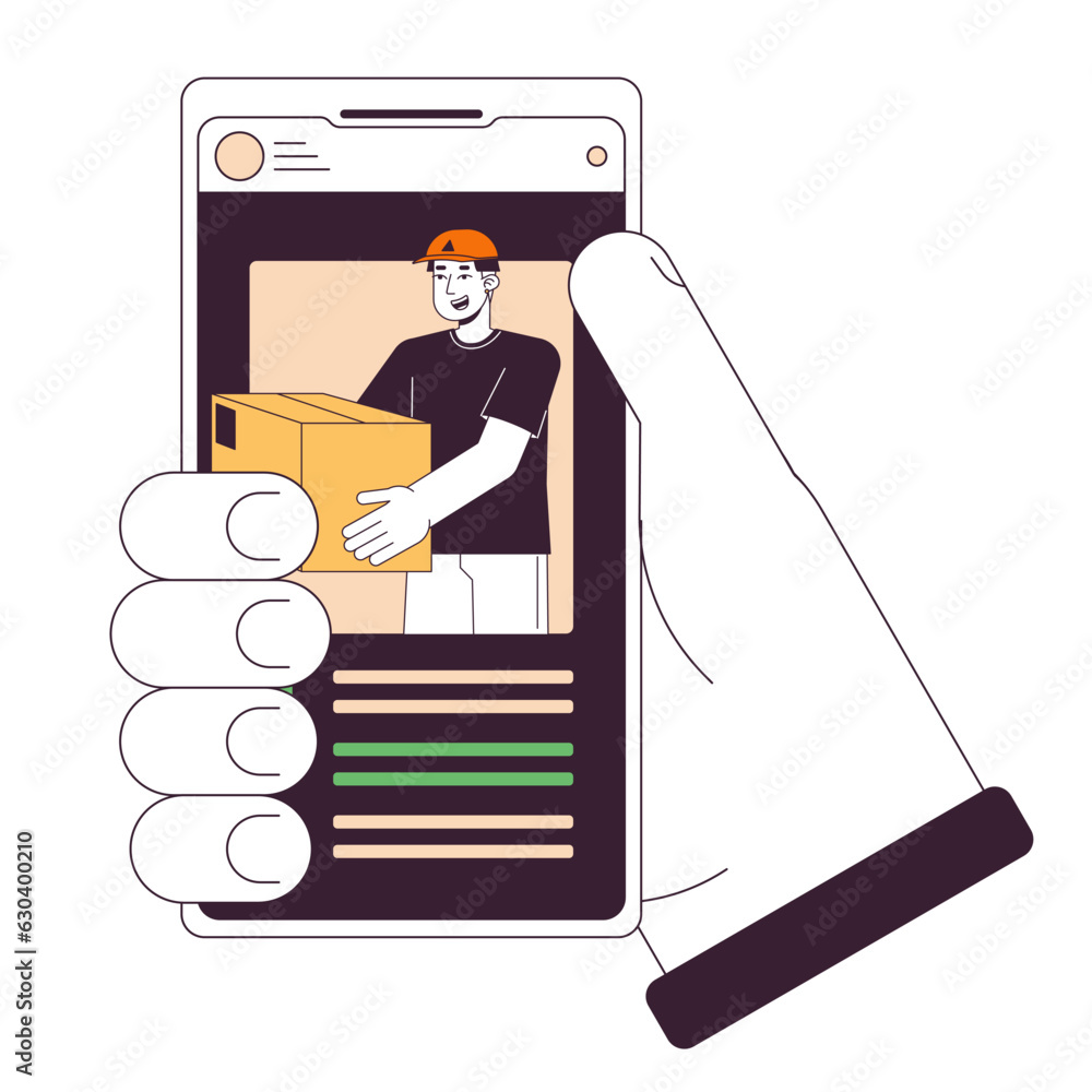 Poster tracking package delivery by courier flat line concept vector spot illustration. online app on smart