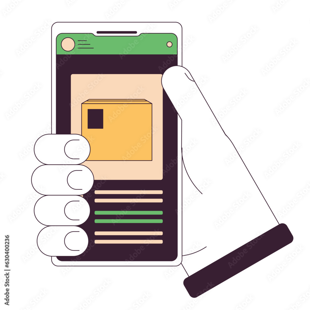 Poster tracking package flat line concept vector spot illustration. holding smartphone with online delivery