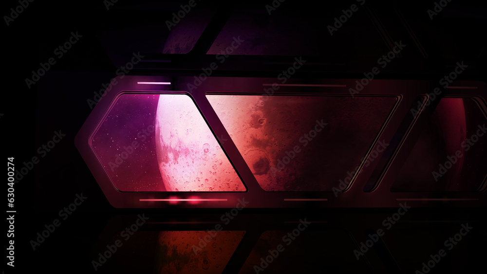 Poster windows of a spaceship overlooking the planet mars.