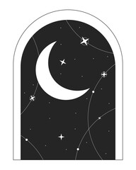 Galaxy door frame with crescent moon flat monochrome isolated vector object. Astrology magic. Editable black and white line art drawing. Simple outline spot illustration for web graphic design