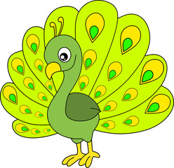 Peacock cartoon bird for coloring book page 