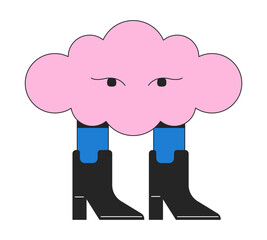 Stylish surreal cloud in boots flat line color isolated conceptual clipart. Fantasy hallucination. Editable vector object on white background. Simple outline cartoon spot illustration for web design