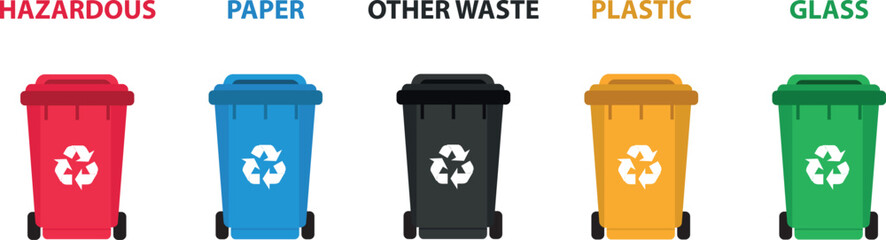 Iconos de Cubos de basura reciclable. Vector