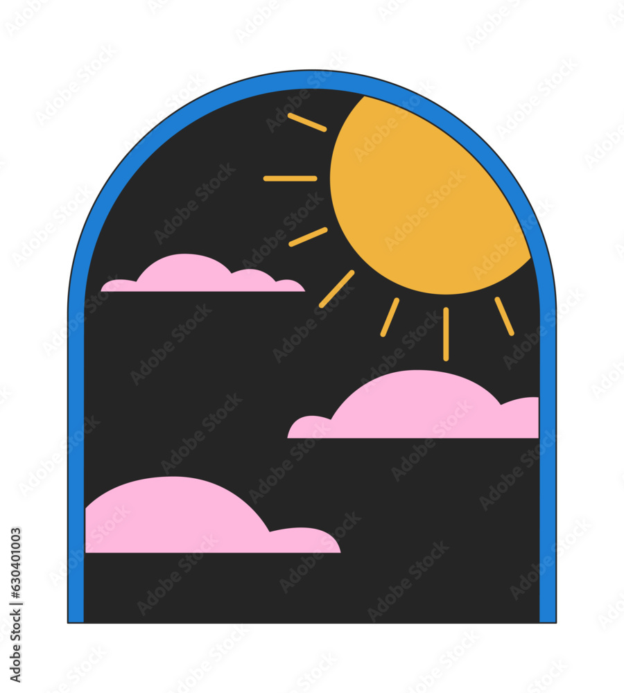 Aufkleber esoteric window frame with clouds sun flat line color isolated conceptual clipart. nighttime sun. ed