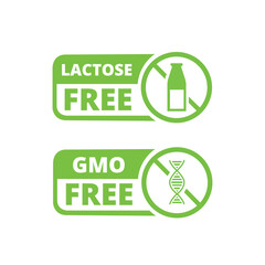 Icono de etiquetas sin lactosa y sin GMO de color verde. Vector