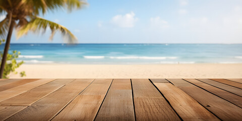 wide -wooden deck on beach background: perfect display for showcasing your products - high-quality photo
