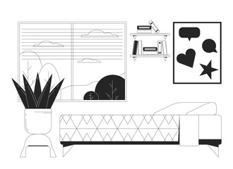 Student bedroom bw vector spot illustration. Teen girl bed with contemporary decor 2D cartoon flat line monochromatic scene for web UI design. Room interior window editable isolated outline hero image