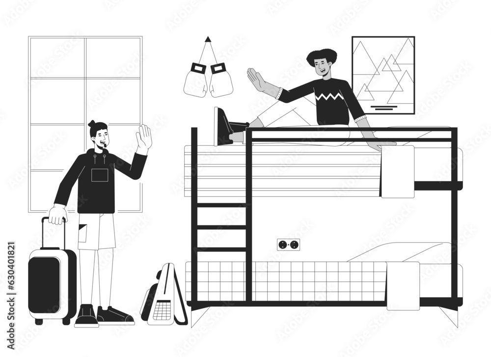 Poster moving into dorm bw vector spot illustration. university roommates freshmen 2d cartoon flat line mon