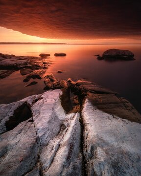 Aerial View Of Baltic Sea Surrounded By Rocks In Kokkola During Sunset