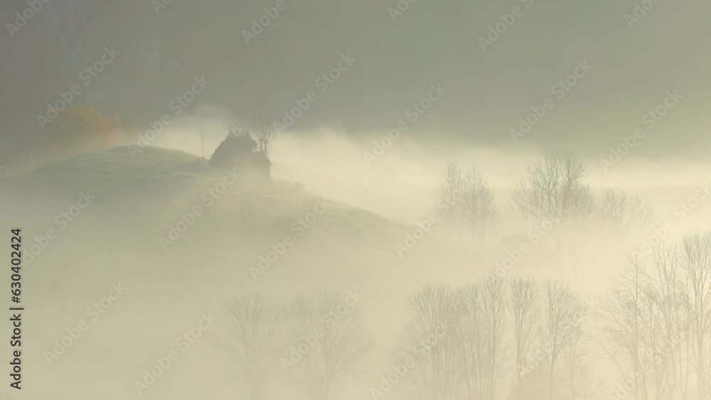 Wall mural beautiful view of green plains valley hills with colorful trees with hazy smoke
