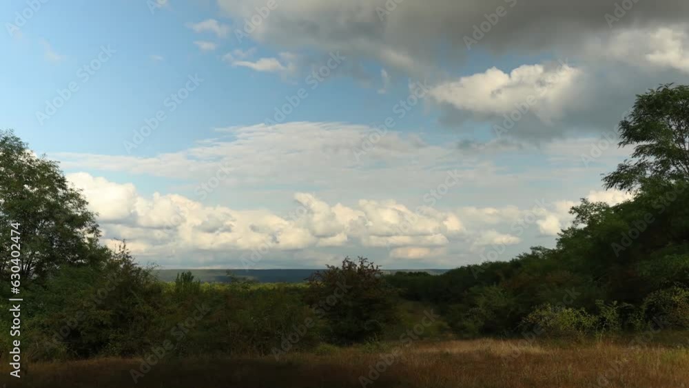 Poster landscape timelapse of clouds in the sky over lawn fields with trees by the sea