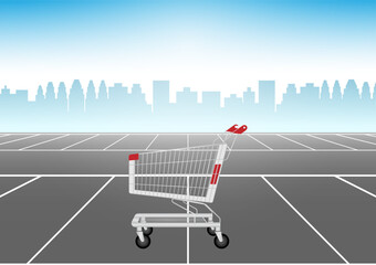 Shopping Cart or Shopping Trolley in  Parking Lot of Supermarket. Shopping Concept. Vector Illustration.  © BillionsPhoto