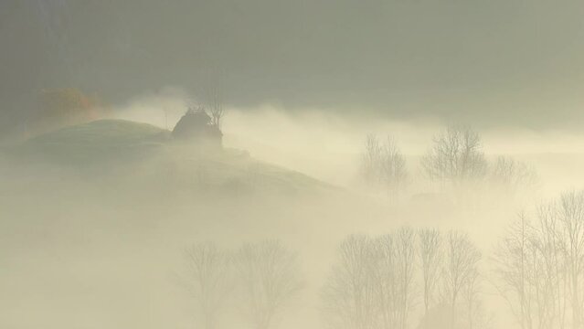Beautiful view of green plains valley hills with colorful trees with hazy smoke
