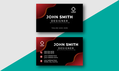 Modern Business Card - Creative and Clean Business Card Template. Elegant dark back background with abstract red, and golden wavy lines shiny. Vector illustration