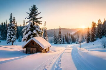 Green spruce pine trees,vintage retro wooden village rural house covered in snow in winter forest in mountains,nature.Calm countryside.AI generaed