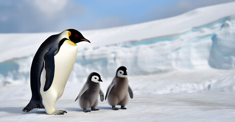 Dad or mom and baby penguins. Father love, bond and parenting concept.