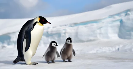 Wandaufkleber Dad or mom and baby penguins. Father love, bond and parenting concept. © ZayWin